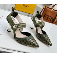 Luxurious Fendi Colibrì Slingback Pumps 8.5cm in FF Mesh with Sequins Green/Nude 804094