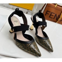 Most Popular Fendi Colibrì Slingback Pumps 8.5cm in FF Mesh with Sequins Green/Black 804096