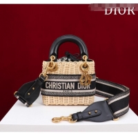 Buy Discount Dior Mini Lady Dior Bag in Weaving Wicker and Leather 9989 Black 2023