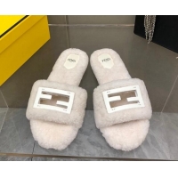 Cheap Price Fendi Signature Shearling Wool Flat Slide Sandals White 902051