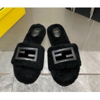 Grade Quality Fendi Signature Shearling Wool Flat Slide Sandals Black 902052