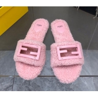 Best Grade Fendi Signature Shearling Wool Flat Slide Sandals Pink 902053