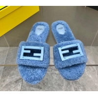 Good Looking Fendi Signature Shearling Wool Flat Slide Sandals Blue 902055