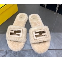 Unique Style Fendi Signature Shearling Wool Flat Slide Sandals Light Beige 902056