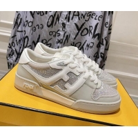 Popular Style Fendi Match Low Top Sneakers in Leather and Crystals Light Grey 910139