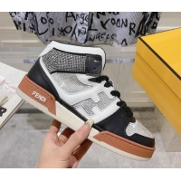 Low Price Fendi Match High Top Sneakers in Leather and Crystals Black 910141