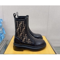 Cheapest Fendi Domino Ankle Biker Boots in Leather and FF Knit Black/Beige 912011 