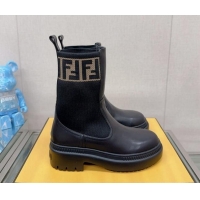 Classic Hot Fendi Domino Ankle Biker Boots in Leather and Knit with FF Trim Black 912012