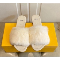 Charming Fendi Rabbit Fur Flat Slide Sandals White 014037