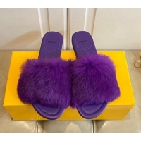 Good Product Fendi Rabbit Fur Flat Slide Sandals Dark Purple 014038