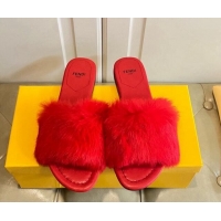 Big Discount Fendi Rabbit Fur Flat Slide Sandals Red 014039