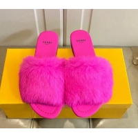 Top Design Fendi Rabbit Fur Flat Slide Sandals Bright Pink 014040