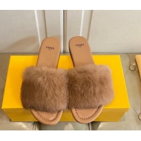 Trendy Design Fendi Rabbit Fur Flat Slide Sandals Brown 014041