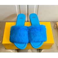 Cheap Price Fendi Rabbit Fur Flat Slide Sandals Sky Blue 1014042