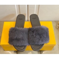 Shop Duplicate Fendi Rabbit Fur Flat Slide Sandals Dark Green 014043