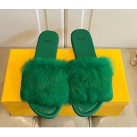 Popular Style Fendi Rabbit Fur Flat Slide Sandals Green 014044