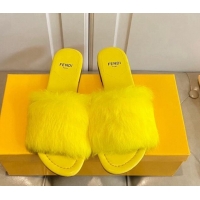 Sophisticated Fendi Rabbit Fur Flat Slide Sandals Yellow 014045