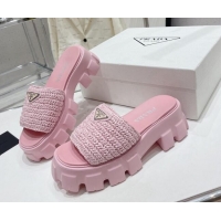 Top Design Prada Monolith Crochet Platform Slide Sandals 5cm Pink 704064