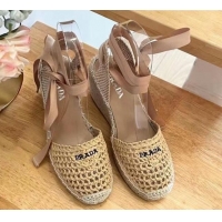 Good Product Prada Crochet Wedge Pumps 8cm with Ankle Lace Beige 704069