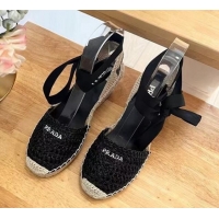 Big Discount Prada Crochet Wedge Pumps 8cm with Ankle Lace Black 704070