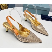 Perfect Prada Crystals Slingbacks Pumps 5cm with Logo Bow Gold 712022