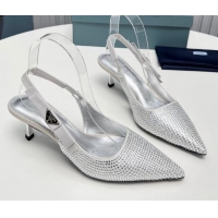 Crafted Prada Crystals Slingbacks Pumps 5cm with Logo Bow Silver 712023