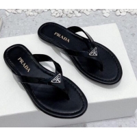 Charming Prada Patent Leather Flat Slide Thong Sandals Black 712022