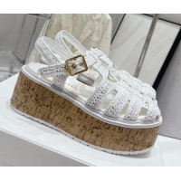 Big Discount Prada Crochet Wedge Platform Sandals White 801091