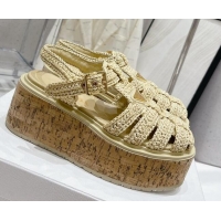 Charming Prada Crochet Wedge Platform Sandals Beige 801092