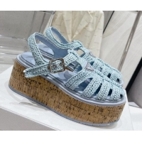 Classic Hot Prada Crochet Wedge Platform Sandals Light Blue 801093