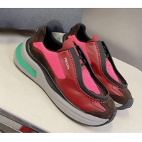 Charming Prada Men's Brushed Leather Sneakers with Bike Fabric and Suede Burgundy 809003