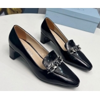 Purchase Prada Patent Leather Pointed Pumps 4.5cm with Logo Chain Black 821100