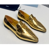 Good Quality Prada Patent Leather Pointed Loafers Gold 821101