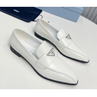 Classic Hot Prada Patent Leather Pointed Loafers White 821104