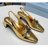 Big Discount Prada Patent Leather Slingback Pumps with Logo Chain Gold 821106