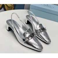 Good Product Prada Patent Leather Slingback Pumps with Logo Chain Silver 821107