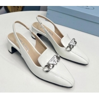 Top Design Prada Patent Leather Slingback Pumps with Logo Chain White 821109