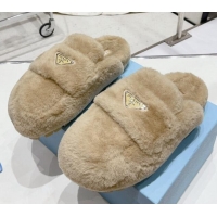 Good Quality Prada Wool Fur Flat Mules Beige 831001