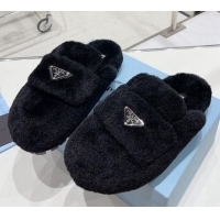 Top Grade Prada Wool Fur Flat Mules Black 831002 