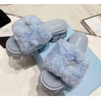 Luxury Prada Wool Platform Mules Light Blue 831008