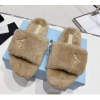 Best Price Prada Wool Flat Slide Sandals Beige 831018