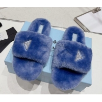 Best Grade Prada Wool Flat Slide Sandals Blue 831019