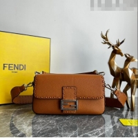 Top Quality Fendi Baguette Medium Bag in Grained Calfskin with oversize topstitching F1065 Brown 2023