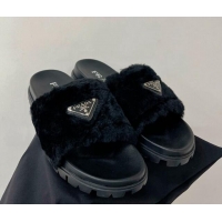 Luxurious Prada Wool Flat Slide Sandals with Logo Black 911103