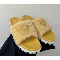 Best Grade Prada Wool Flat Slide Sandals with Logo Yellow 911104