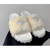 Low Price Prada Wool Flat Slide Sandals with Logo White 911105