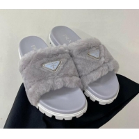 Unique Style Prada Wool Flat Slide Sandals with Logo Grey 911106