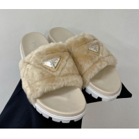 Purchase Prada Wool Flat Slide Sandals with Logo Beige 911107