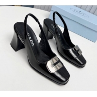 Low Price Prada Brushed Leather Slingback Pumps 8.5cm with Metal-Tone Charm Black 915075