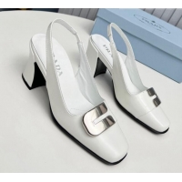 Purchase Prada Brushed Leather Slingback Pumps 8.5cm with Metal-Tone Charm White 915076